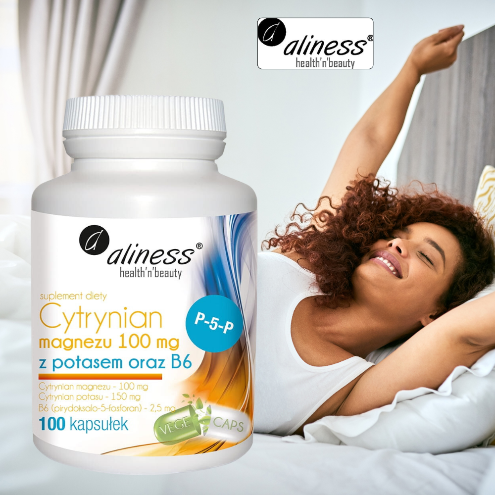 Cytrynian Magnezu 100mg Potas 150mg B6(P-5-P) 100kaps. VEGE Aliness
