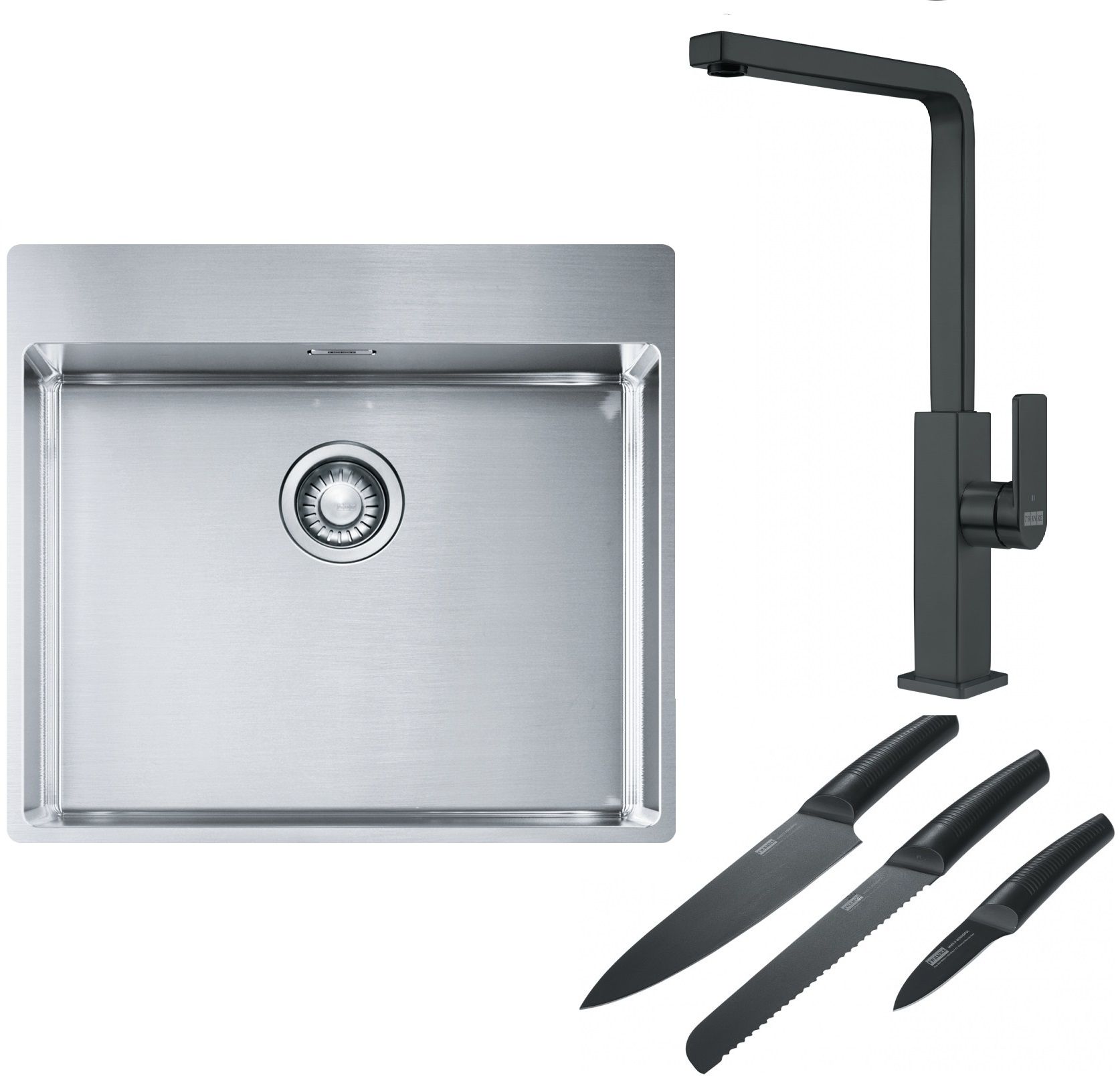 Franke Box BXX 210-54 TL zlewozmywak 57x51 cm stalowy z baterią kuchenną Mythos czarna stal szlachetna i zestawem noży kuchennych ... - Wysyłka w 24h