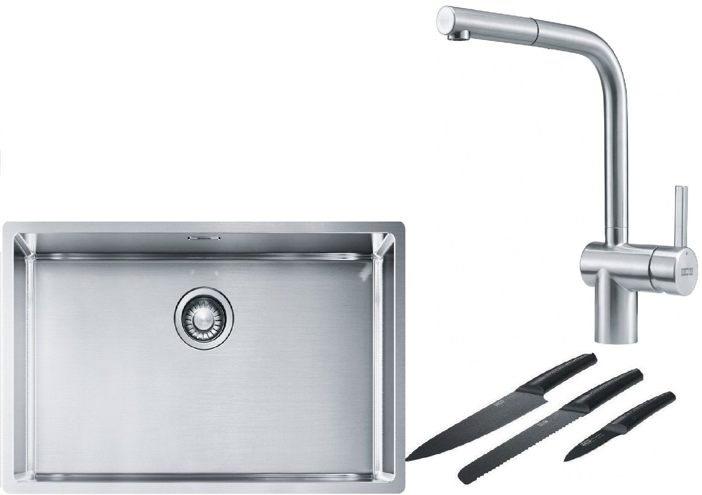 Franke Box BXX 210/110-68 zlewozmywak 72,5x45 cm stalowy z baterią kuchenną Atlas stal szlachetna i zestawem noży kuchennych ... - Wysyłka w 24h