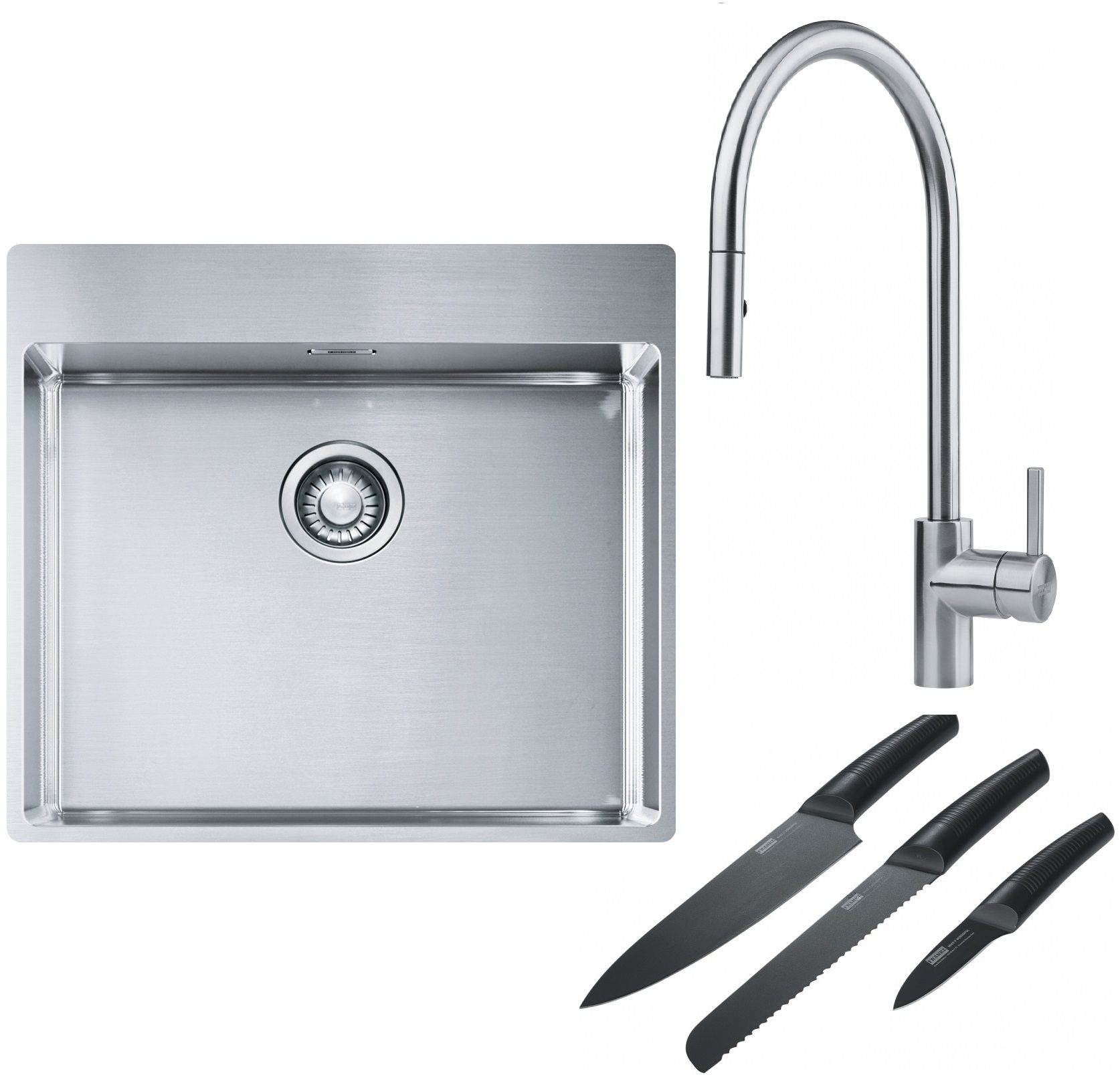 Franke Box BXX 210-54 TL zlewozmywak 57x51 cm stalowy z baterią kuchenną Eos stal szlachetna i zestawem noży kuchennych (1270369295, ...