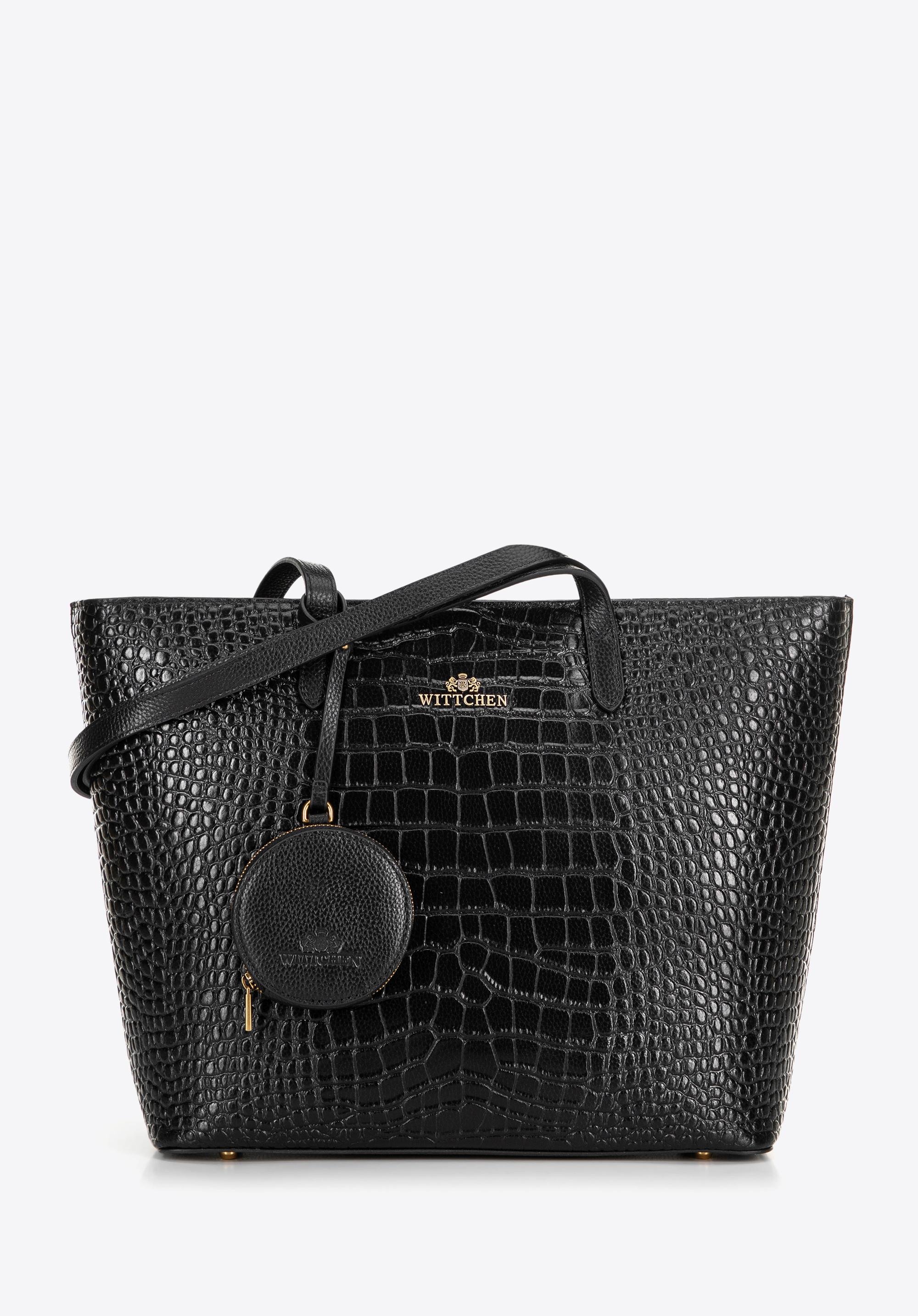 Damski shopper ze skóry we wzór croco czarno - złoty