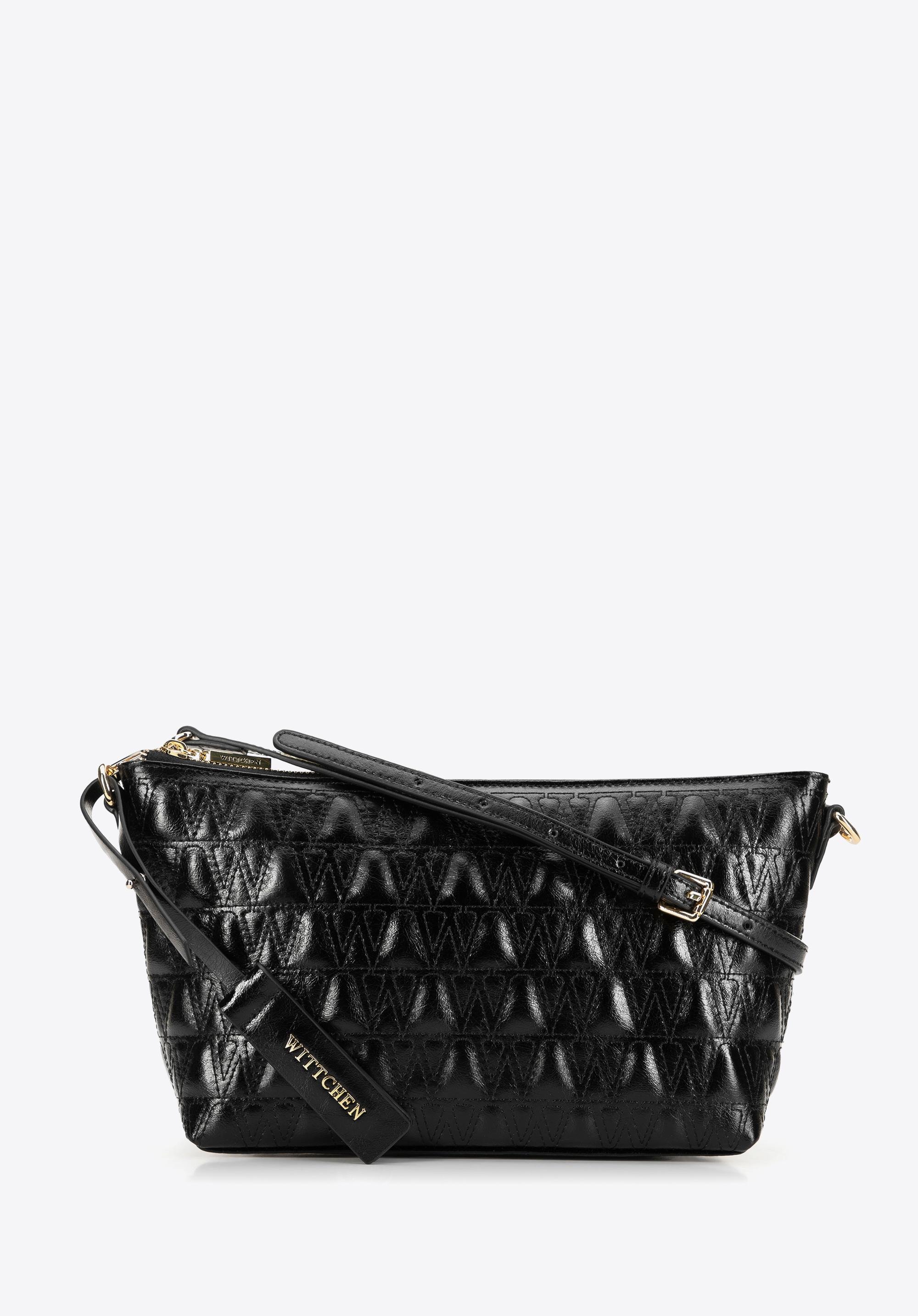 Damska torebka crossbody ze skóry z przeszyciami czarna
