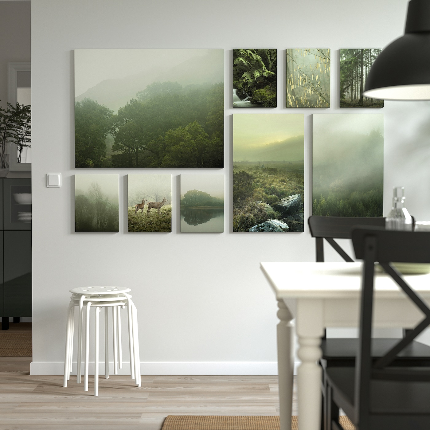 IKEA PJÄTTERYD obraz, kpl 9 szt, mgła w lesie, 179x112 cm