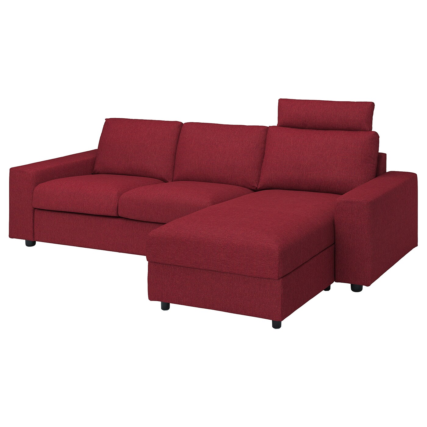 IKEA VIMLE sofa 3-osobowa z szezlongiem, z szerokimi podłokietnikami z zagłówkiem/Lejde czerwony/brązowy, Wysokość z zagłówkiem: 103 cm