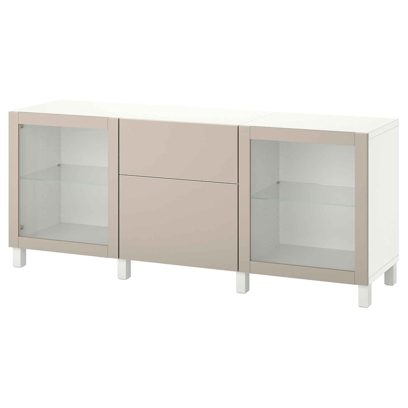 IKEA BESTÅ kombinacja z szufladami, biały Lappviken/Stubbarp/jasny szarobeżowy szkło bezbarwne, 180x42x74 cm