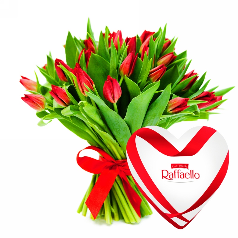 25 tulipanów z sercem Raffaello