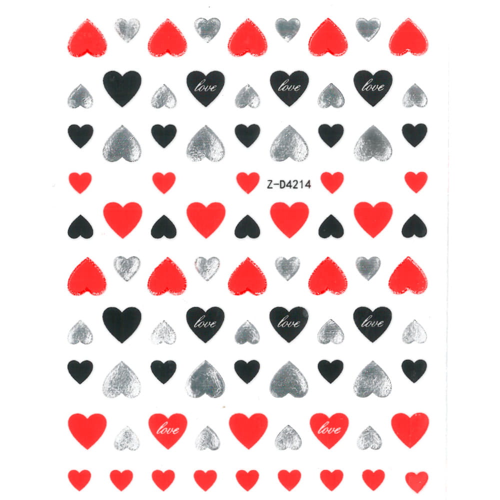 Naklejki do paznokci cienkie samoprzylepne Nail Art Sticker red silver serduszka Z-D4214