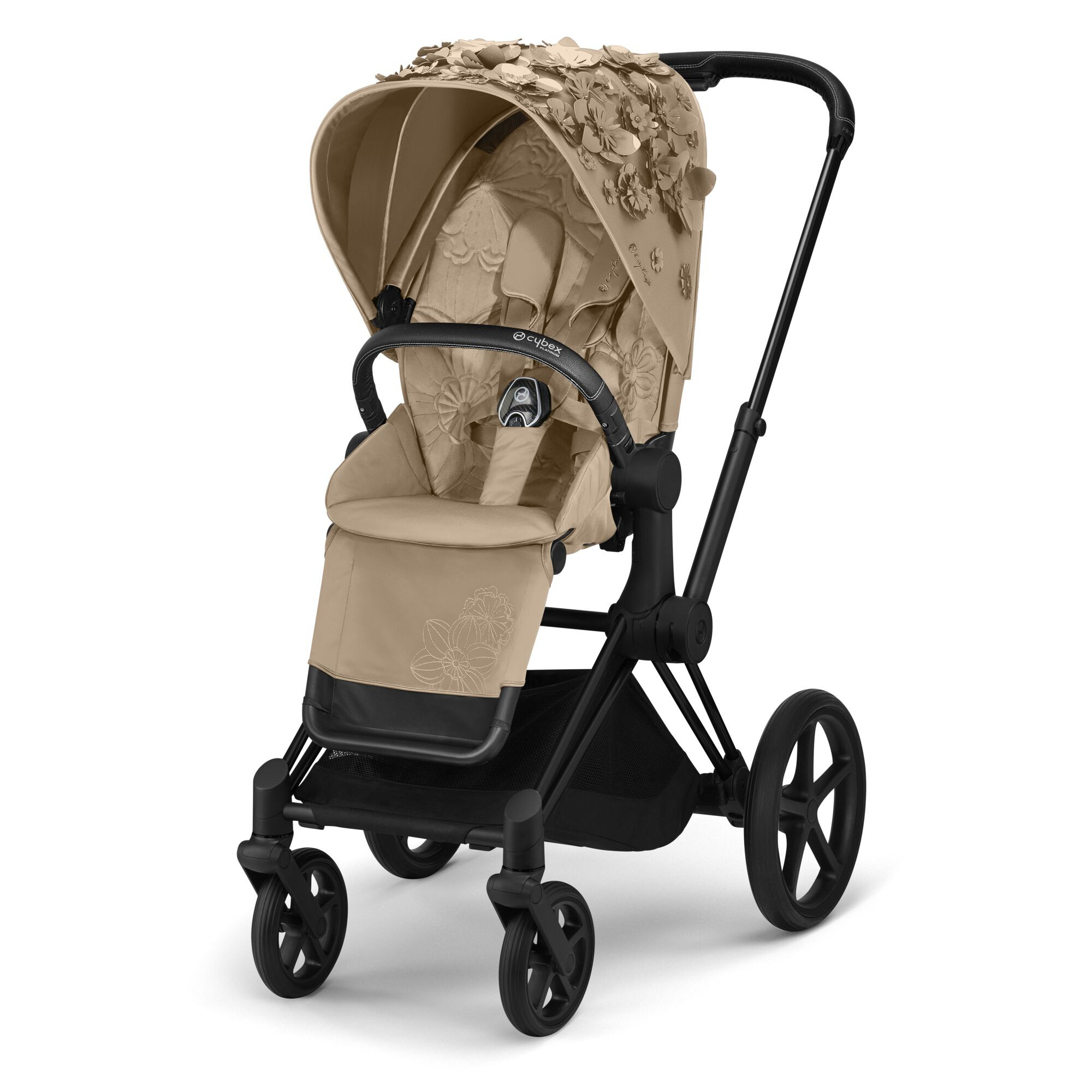 Cybex, Priam 2.0 Fashion Collection - wózek spacerowy -Simply Flowers Nude Beige-Chrome z czarną rączką