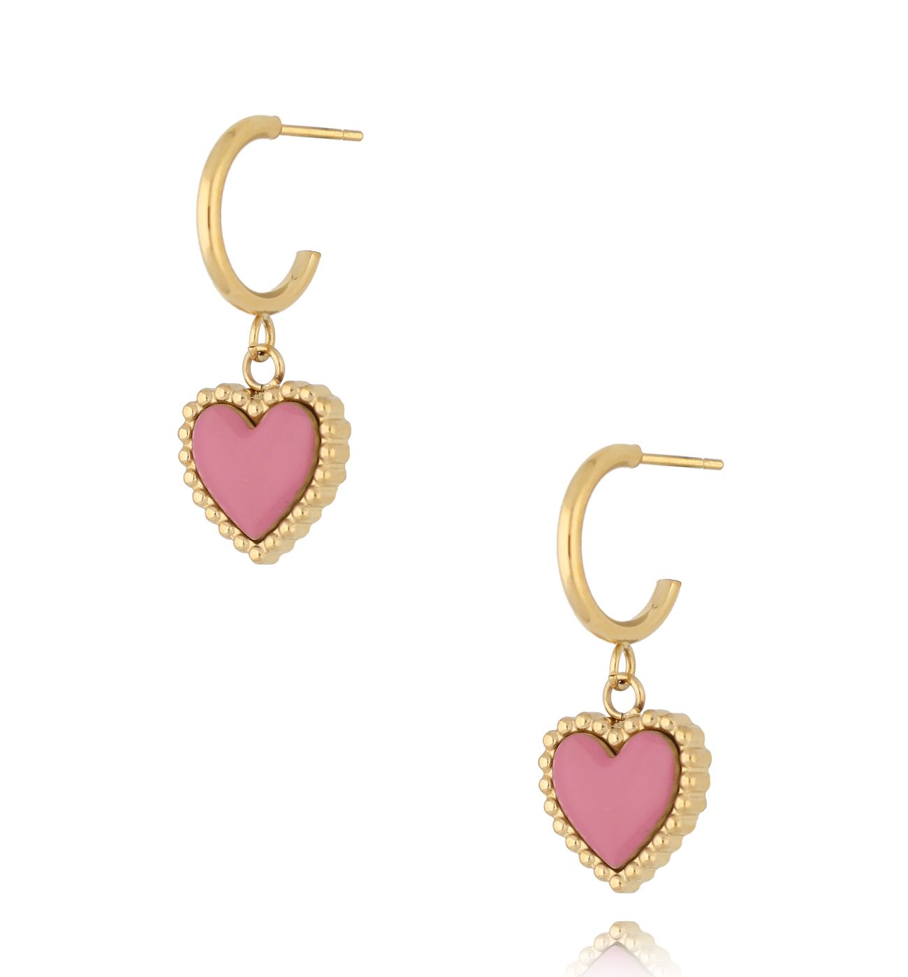 Kolczyki złote z sercem i różową emalią Enamel Heart KSA1548