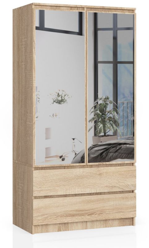 Szafa Akord S90 Dąb Sonoma 90 cm z lustrem 2 drzwi 2 szuflady kolor Dąb Sonoma mat 4 półki 90x51x180 cm 1 szt.