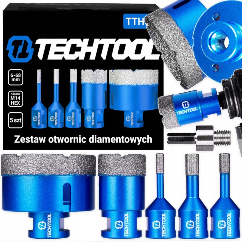 Otwornice diamentowe Techtool M14 zestaw 5 sztuk 6-68mm 1 kpl.