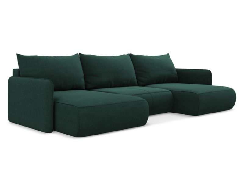 Sofa panoramiczna z funkcją spania Makamii Nanea z tkaniny strukturalnej 290x148 cm butelkowa zieleń 1 szt.