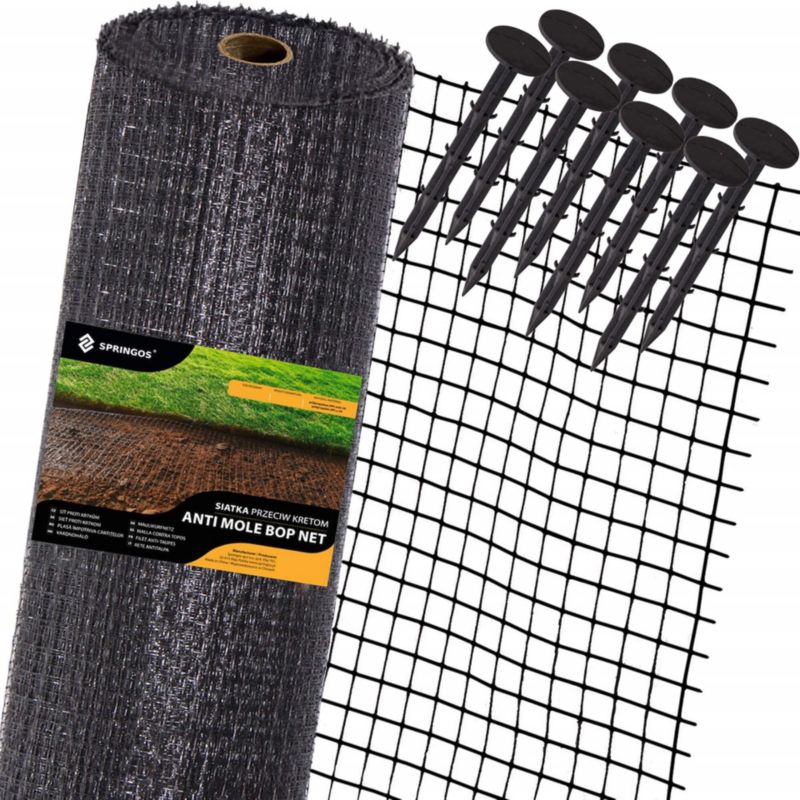 Siatka przeciw nornicom Springos 2x100 m + kołki 100 szt. przeciw kretom 45g/m2 1 kpl.
