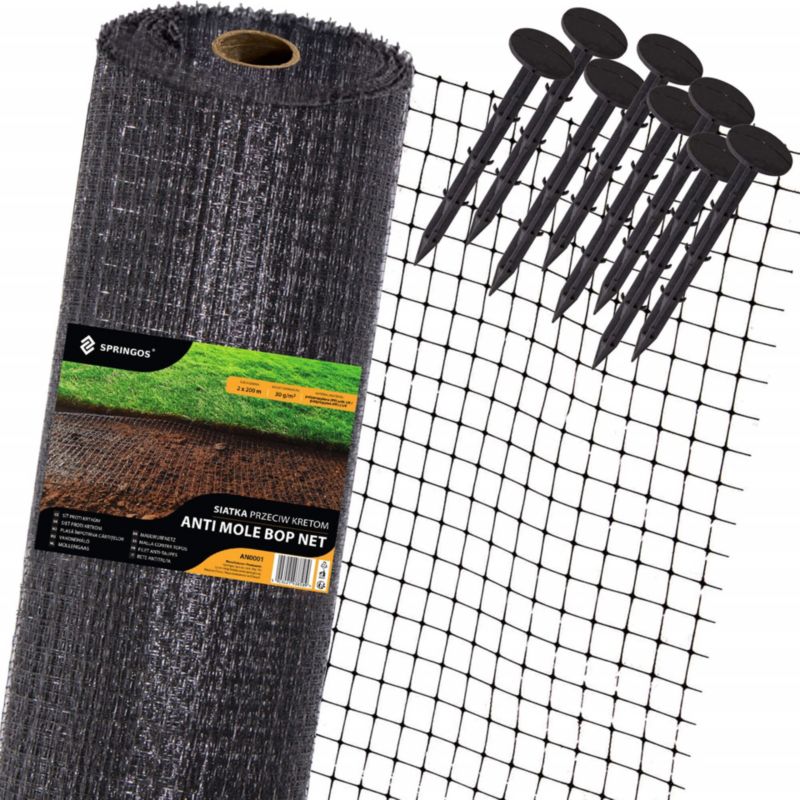 Siatka przeciw kretom nornicom 2x300 m + kołki 300 szt. na gryzonie 30g/m2