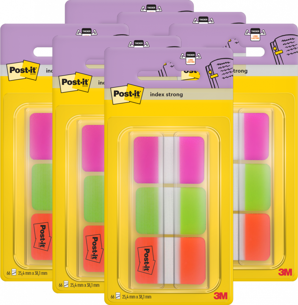 6x Zakładki samoprzylepne Post-it proste, indeksujące, silne, folia, 38x25mm, 3x22 sztuki z pomarańczowym
