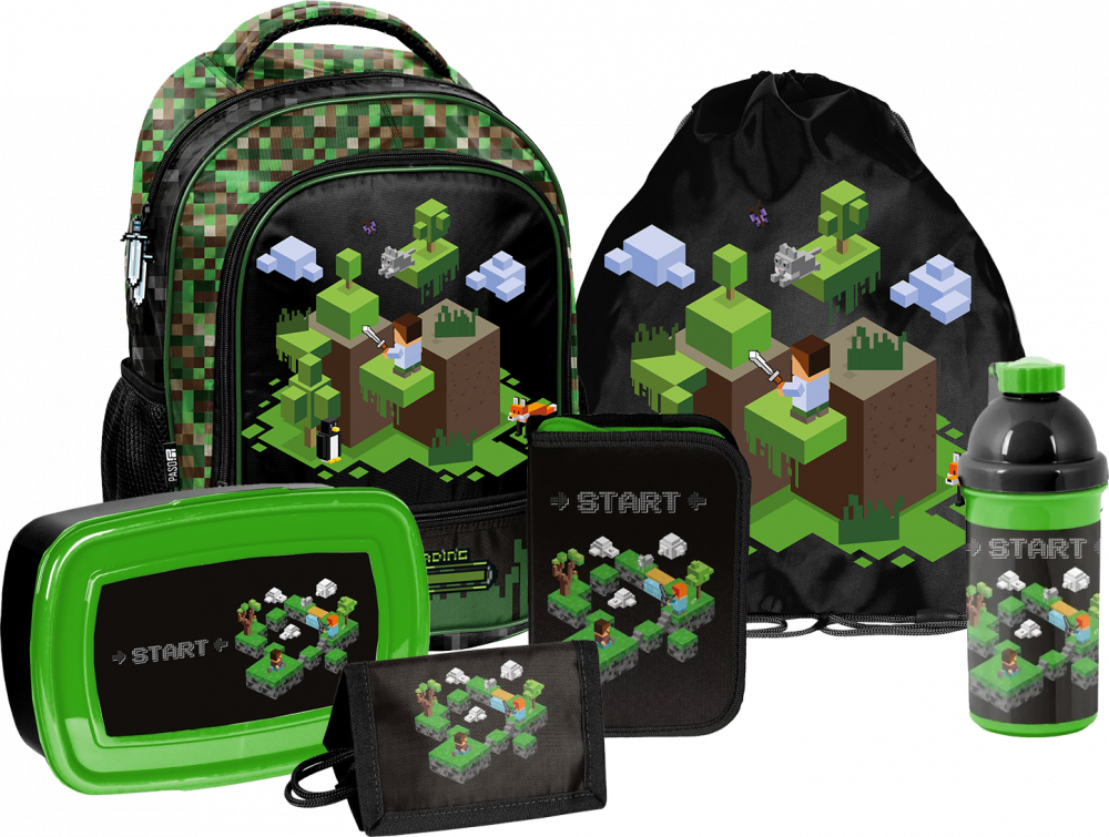Zestaw: Plecak szkolny + piórnik + worek na buty + portfel + bidon na wodę + lunchbox Paso Minecraft