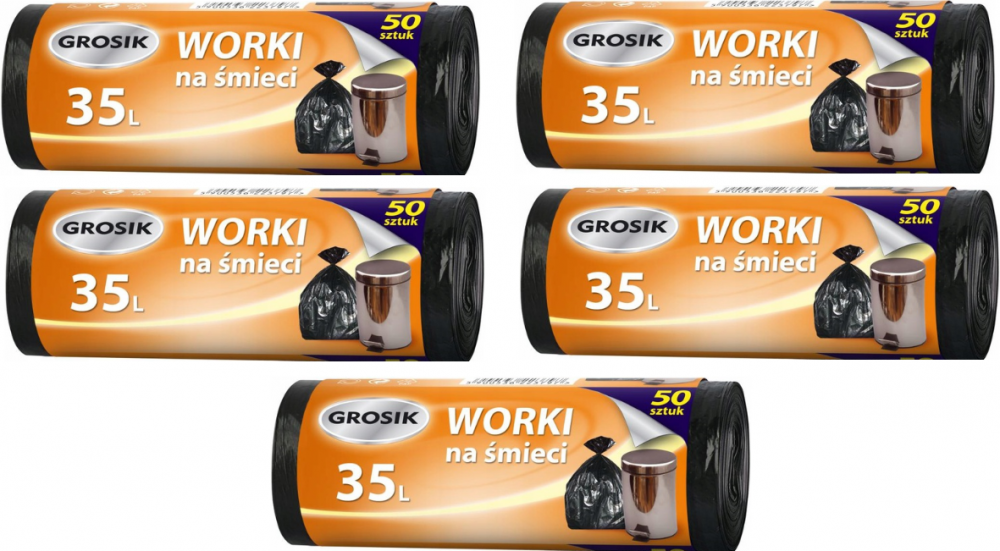 5x Worki na śmieci Grosik, na odpady zmieszane, 35l, 50 sztuk, czarny