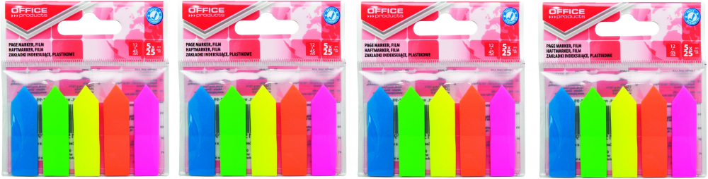 4x zakładki samoprzylepne Office products, strzałki, indeksujace, folia PP, 12x45mm, 5x25 sztuk, mix kolorów