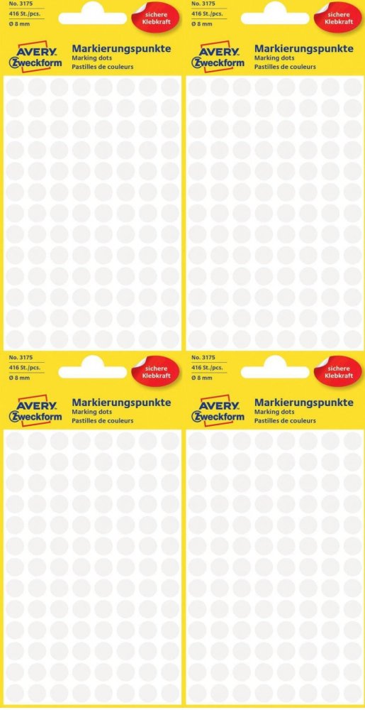 4x Etykiety oznaczeniowe Avery Zweckform, okrągłe, średnica 8mm, 416 sztuk, biały