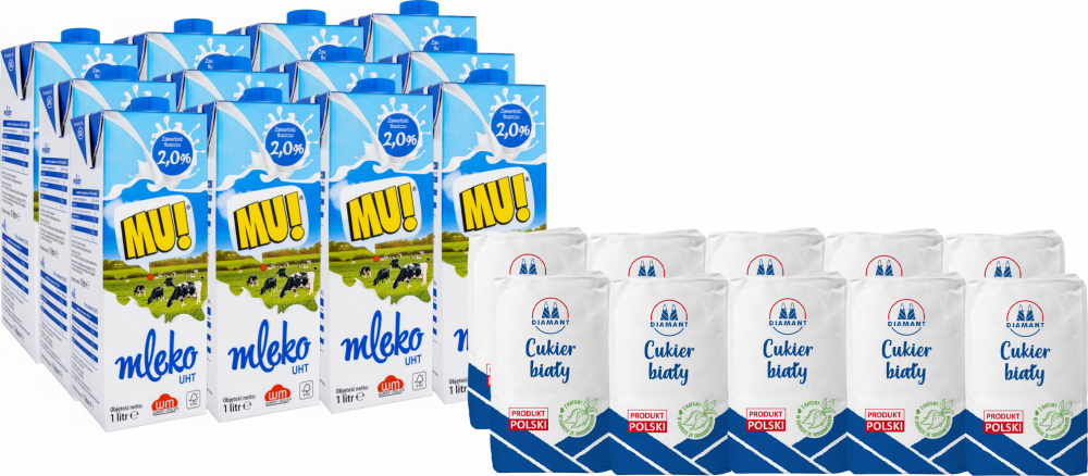 Zestaw: 12x Mleko UHT Wart-Milk MU!, 2%, 1l + 10x Cukier biały Diamant, sypki, 1kg