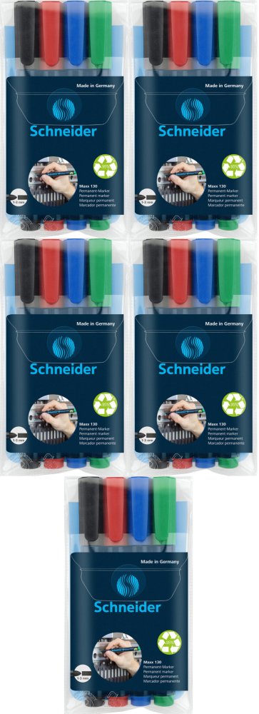 5x Zestaw markerów uniwersalnych Schneider, Maxx 130, okrągła, 1-3 mm, 4 sztuki, mix kolorów