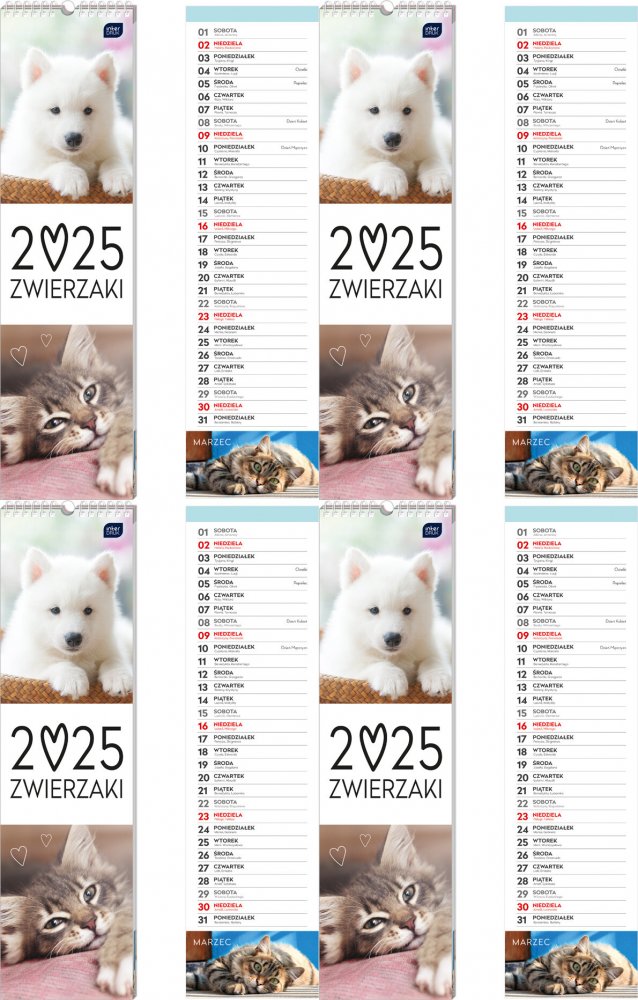 4x Kalendarz ścienny 2025, Interdruk, paskowy, 135x500mm, zwierzaki