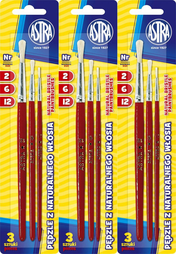 3x Zestaw pędzli Astra, z naturalnego włosia, rozmiar 2/6/12, 3 sztuki