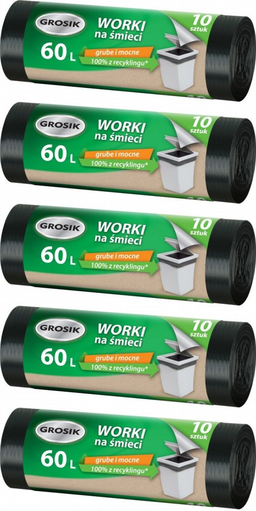 5x Worki na śmieci Grosik, na odpady zmieszane, supergrube, 60l, 10 sztuk, czarny