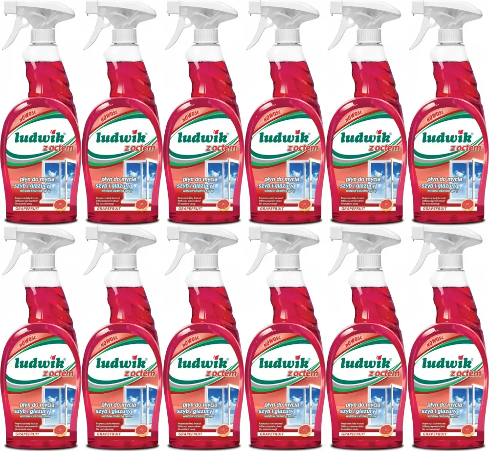 12x Płyn do mycia szyb i glazury Ludwik, z rozpylaczem, grapefruit z octem, 600ml