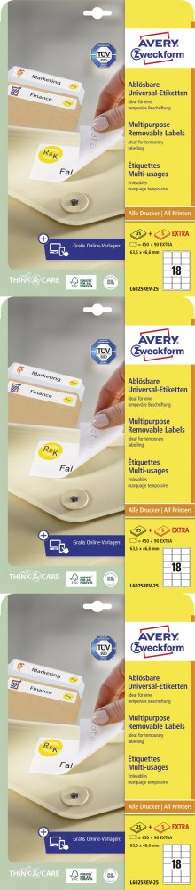 3x Etykiety samoprzylepne usuwalne Avery Zweckform, 63.5x46.6mm, 25 arkuszy +5 gratis, biały