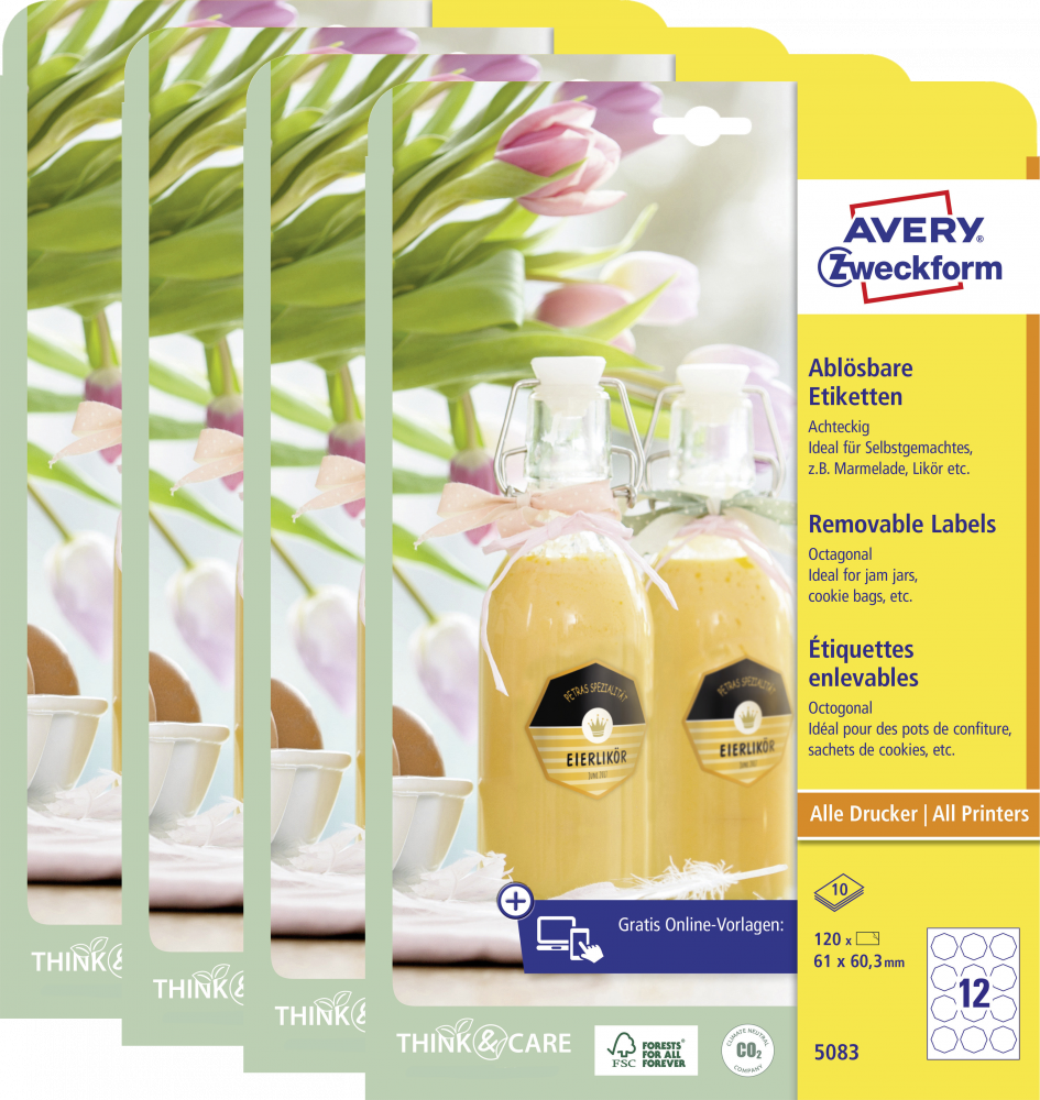4x Etykiety usuwalne na butelki Avery Zweckform, 61x60.3mm, 10 arkuszy, ośmiokątne, biały