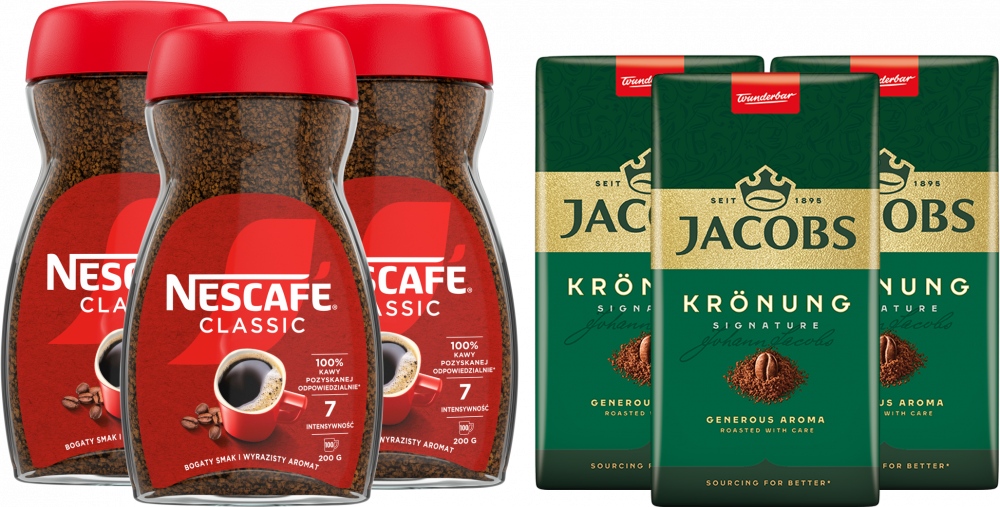 Zestaw: 3x Kawa mielona Jacobs Kronung, 250g + 3x Kawa rozpuszczalna Nescafé Classic, 200g