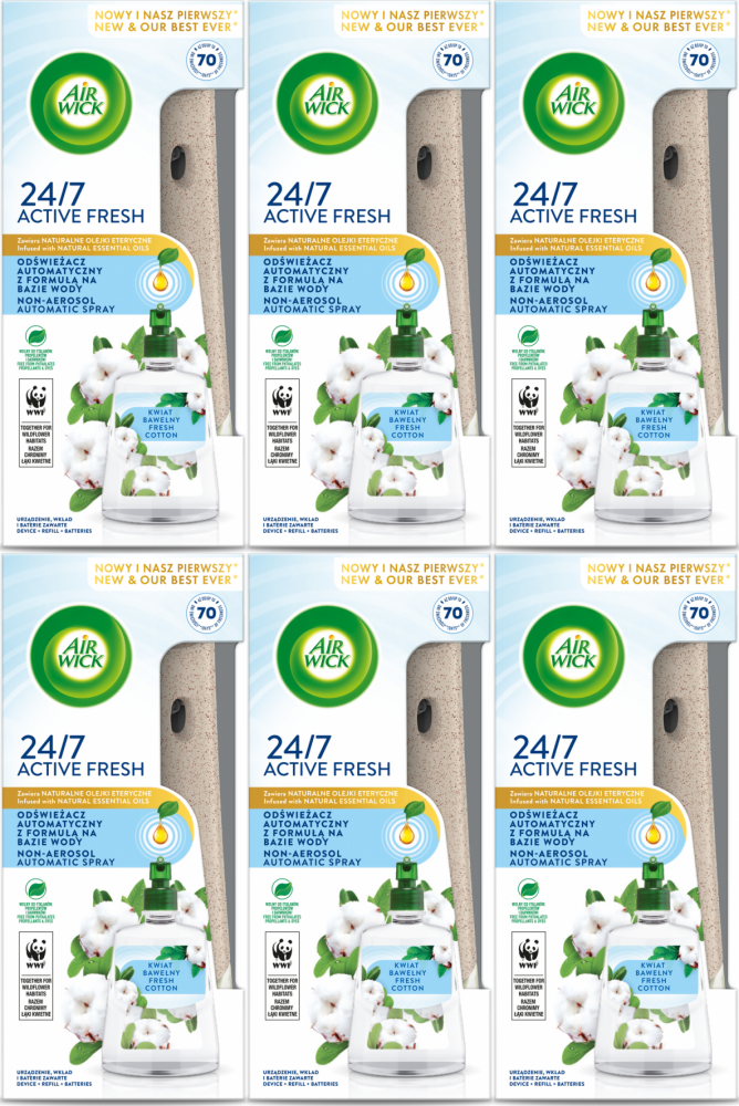 6x Odświeżacz powietrza Air Wick wkład + urządzenie, Active Fresh, kwiat bawełny/fresh cotton, 228ml