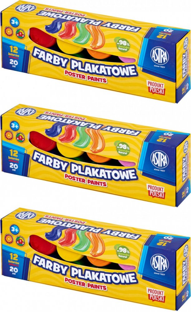 3x Farby plakatowe Astra, 20ml, 12 sztuk, mix kolorów