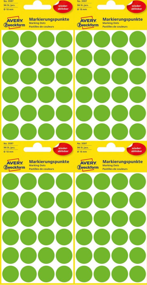 4x Etykiety usuwalne Avery Zweckform, okrągłe, średnica 18mm, 4 arkusze, zielony