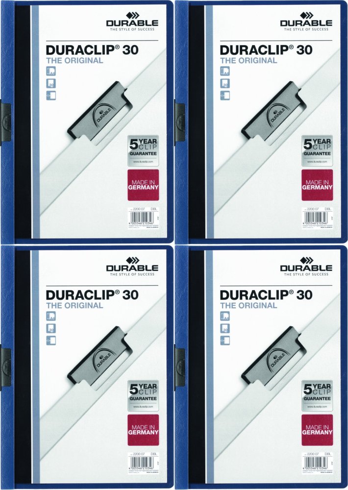 4x Skoroszyt plastikowy z klipsem Durable Duraclip, A4, do 30 kartek granatowy