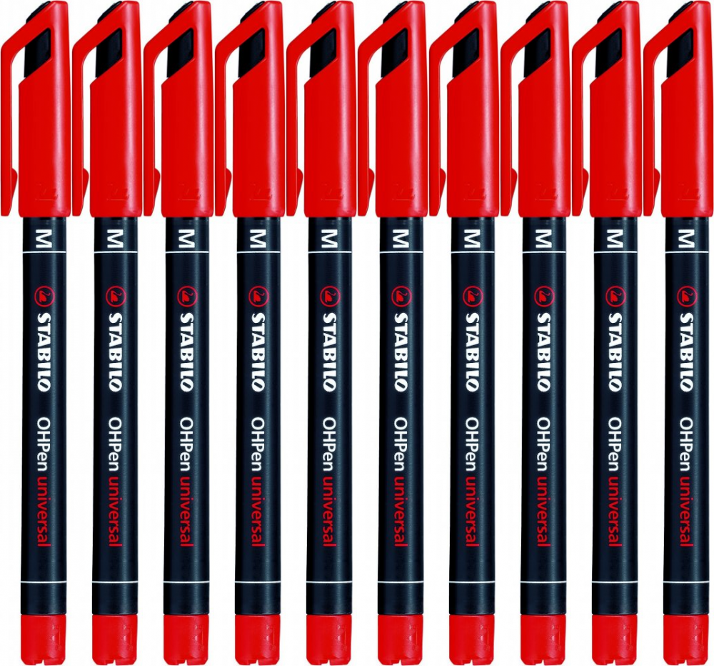 10x Foliopis Stabilo, OHPen, okrągła, 1mm (M), czerwony