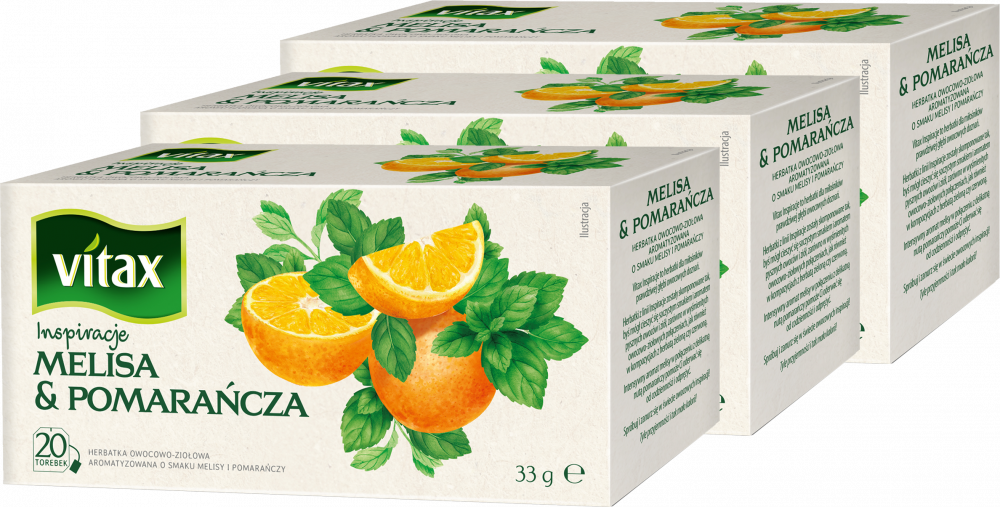 3x Herbata owocowa w torebkach Vitax Inspirations, melisa i pomarańcza, 20 sztuk x 1.65g
