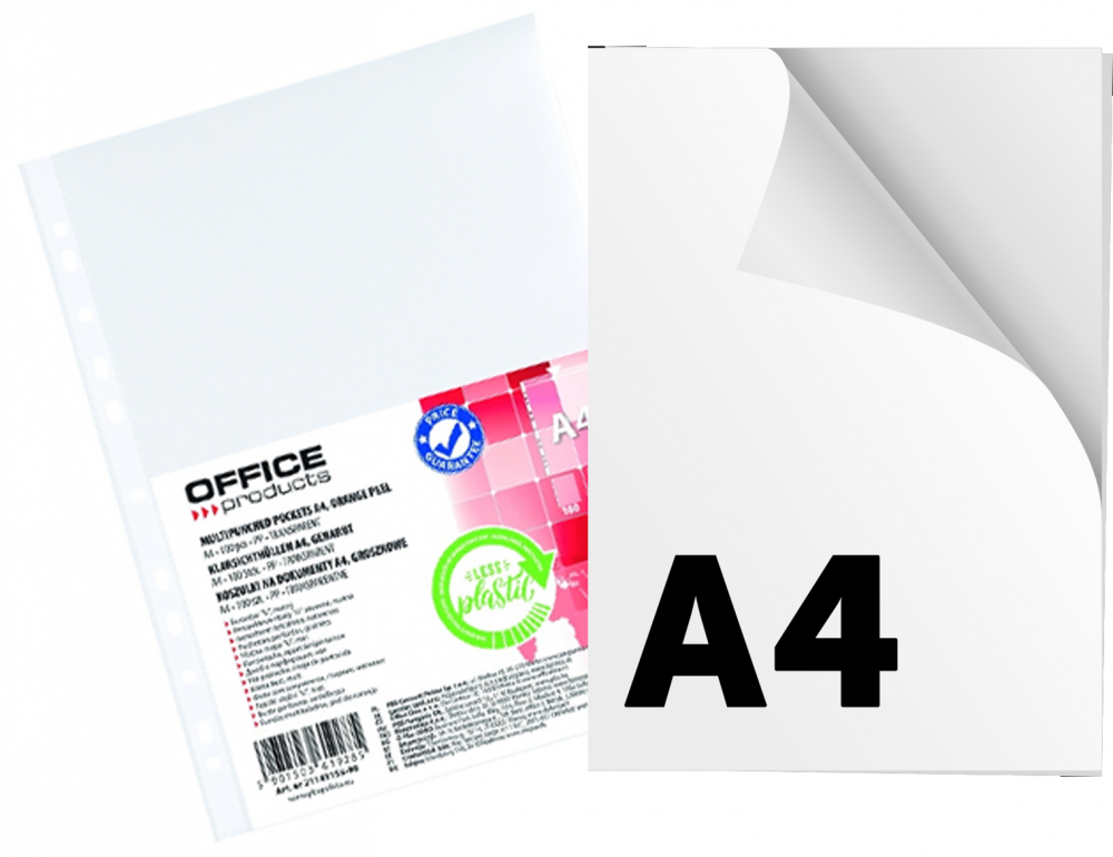 Zestaw: Papier ksero, A4, 80g/m2, 500 arkuszy, biały + Koszulki groszkowe Office Products, A4, 30μm, 100 sztuk, transparentny