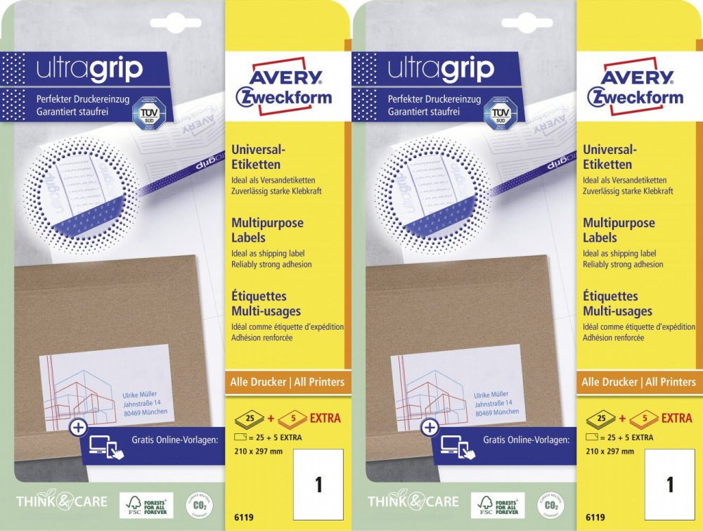 2x Etykiety samoprzylepne Avery Zweckform, 210x297mm, 25 arkuszy + 5 gratis, biały