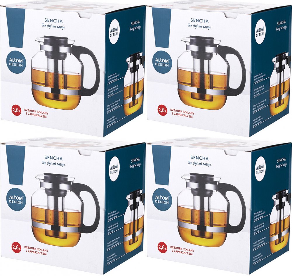4x Dzbanek z zaparzaczem Altom Design Sencha, 2.6l, szkło, przezroczysty