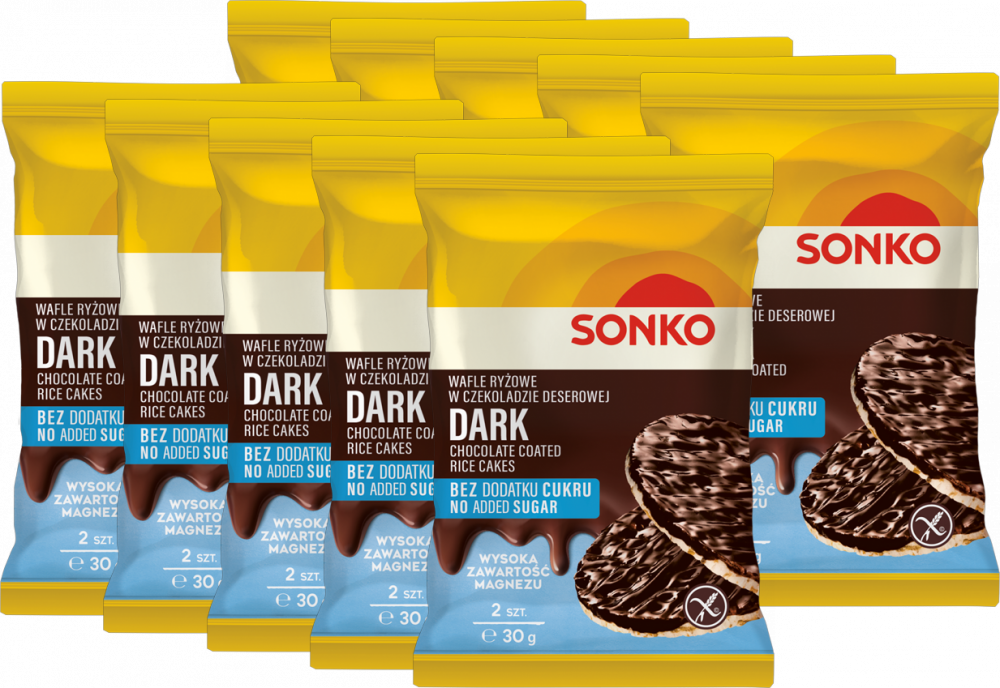 10x Wafle ryżowe Sonko, w czekoladzie deserowej, bez dodatku cukru, 2 sztuki, 30g