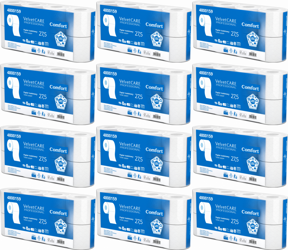 12x Papier toaletowy VelvetCARE Professional, 2-warstwowy, 27.5m, 8 rolek, biały