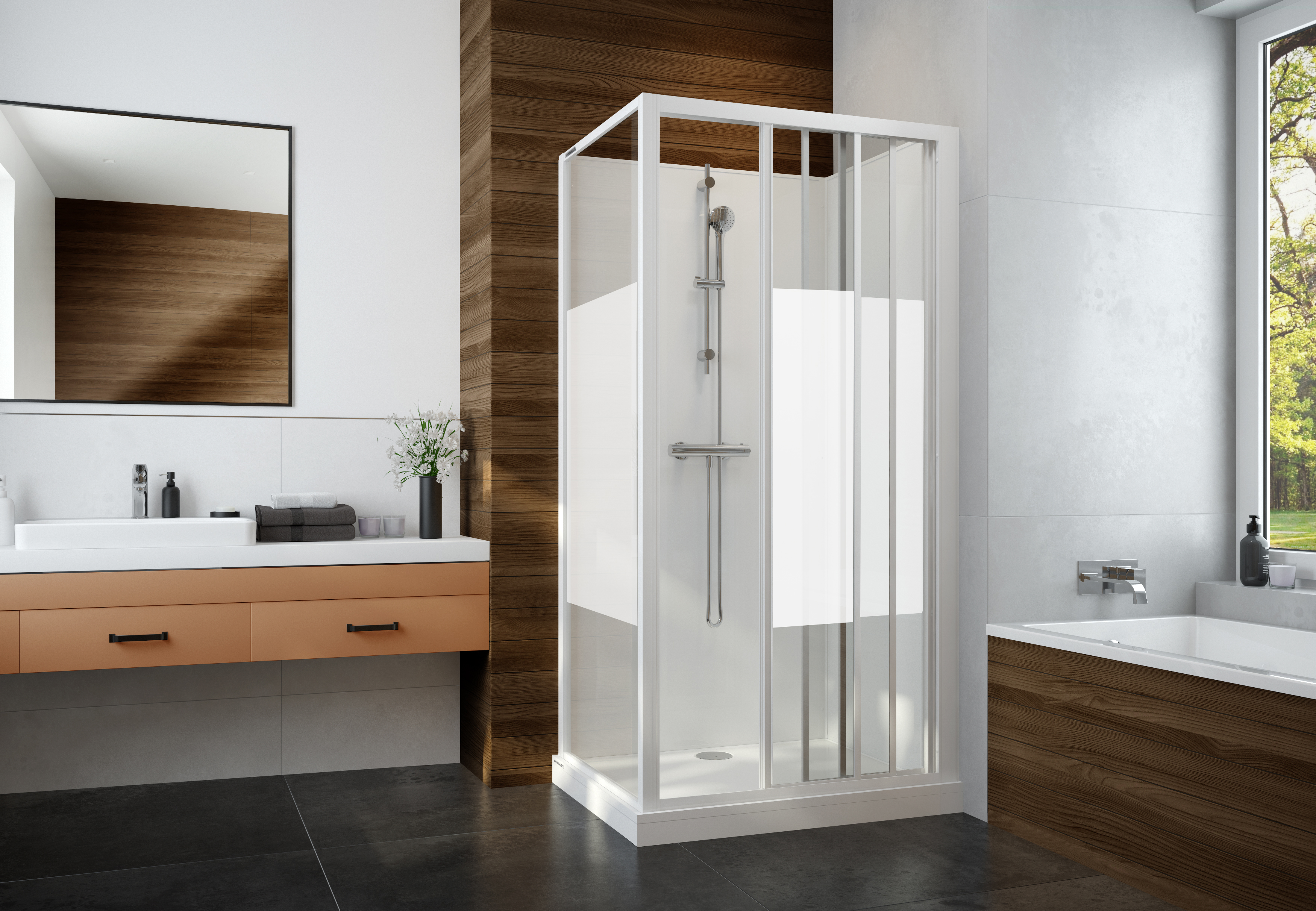 Sanplast Basic Complete Mineral kabina z brodzikiem i zestawem prysznicowym 100x80 cm prostokątna biały połysk/szkło ze wzorem ...