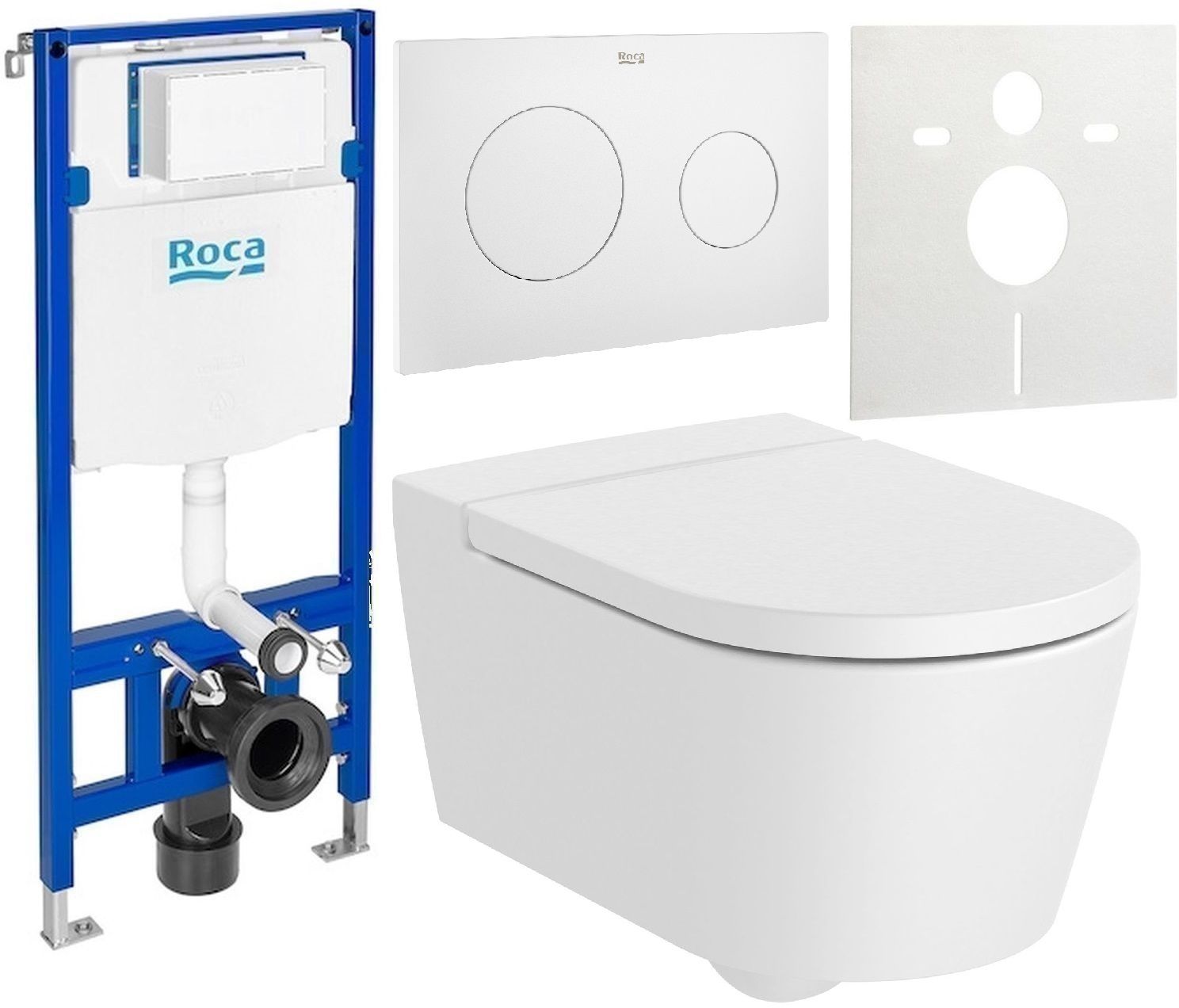 Zestaw Roca Inspira Round miska WC wisząca Rimless z deską sedesową wolnoopadającą i stelaż podtynkowy Duplo One z przyciskiem ...