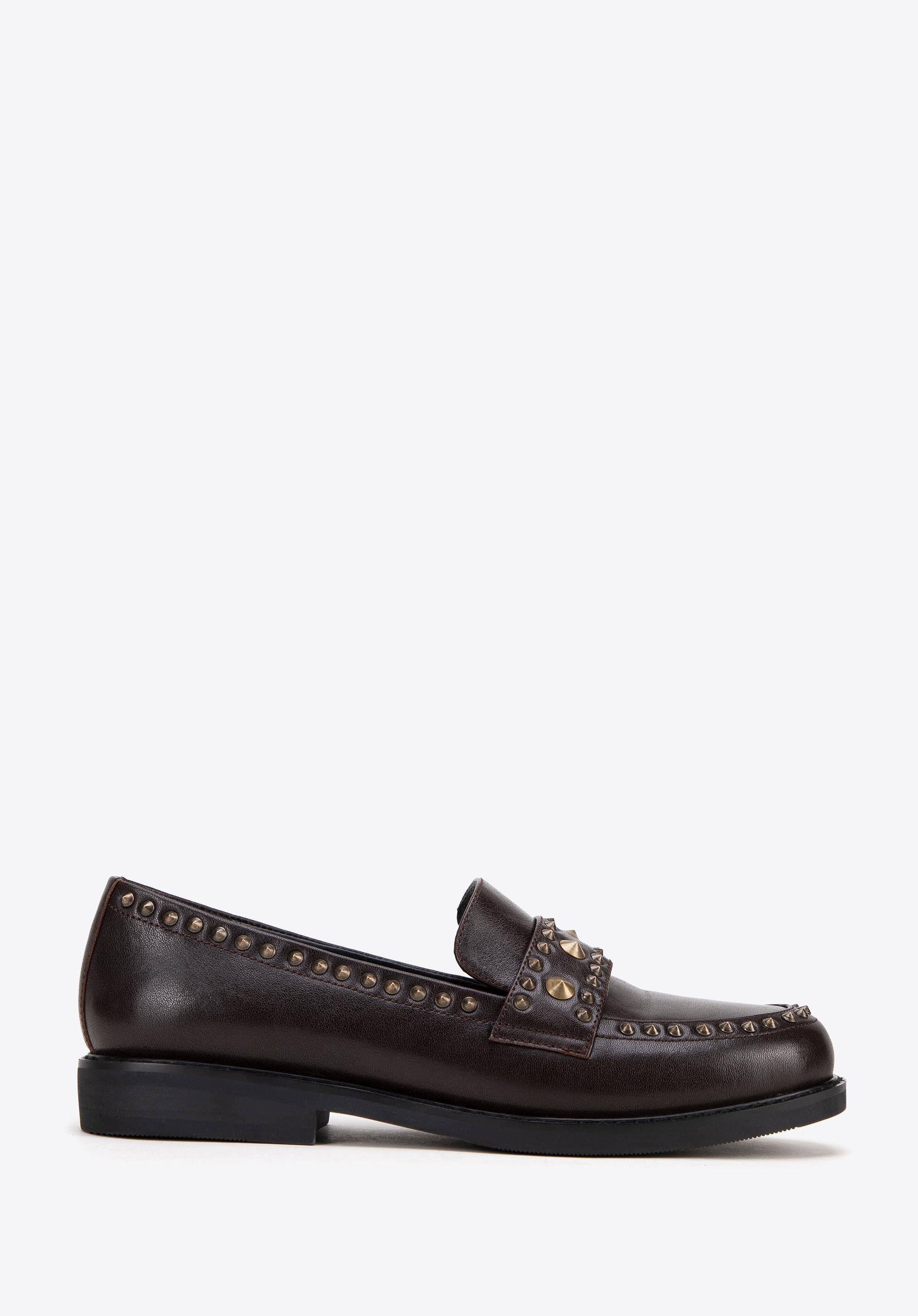 Damskie loafersy skórzane z ozdobnymi nitami brązowe