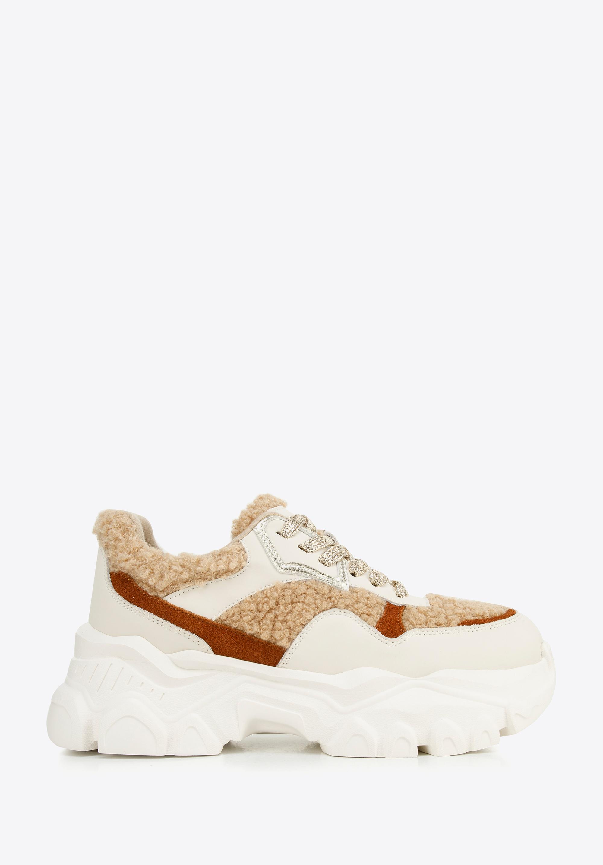 Damskie sneakersy ze sztucznym futrem biało-beżowe