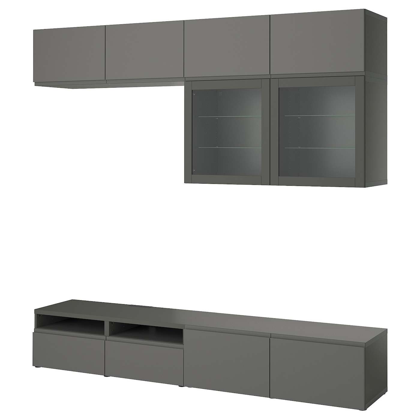 IKEA BESTÅ kombinacja na TV/szklane drzwi, ciemnoszary Västerviken/Sindvik ciemnoszary, 240x42x231 cm
