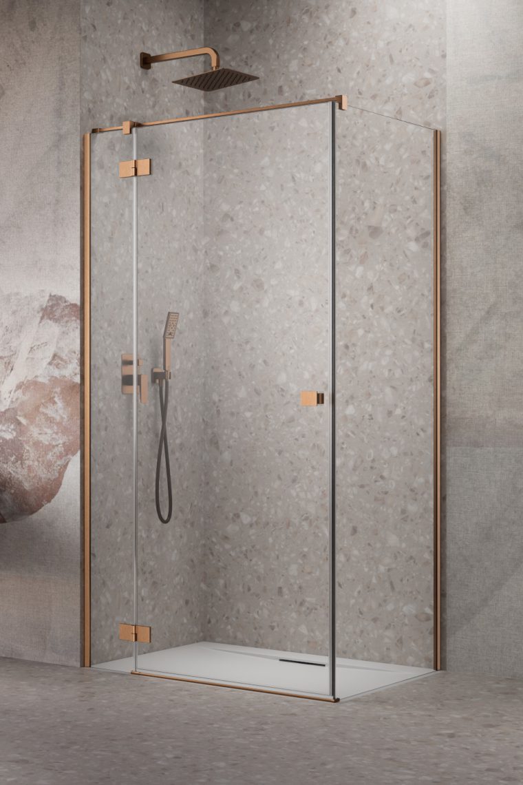 Darmowa Dostawa - Drzwi prysznicowe 90 cm uchylne miedź szczotkowany/szkło przezroczyste Radaway Essenza Brushed Copper KDJ 13850449301L