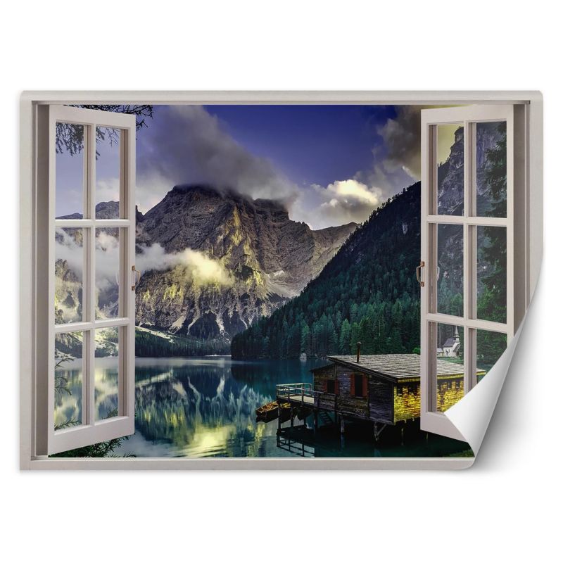 Fototapeta Feeby Okno widok na jezioro domek w górach 280x200 1 szt